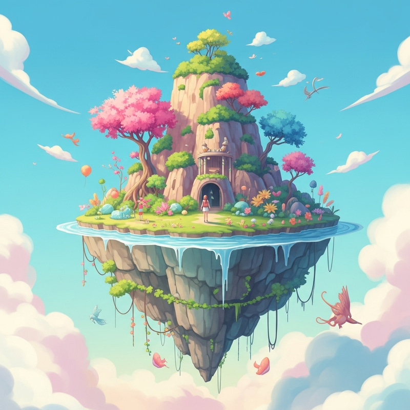 Surreal Floating Island with Vibrant Flora and Fauna Surreal Floating Island with Vibrant Flora and Fauna