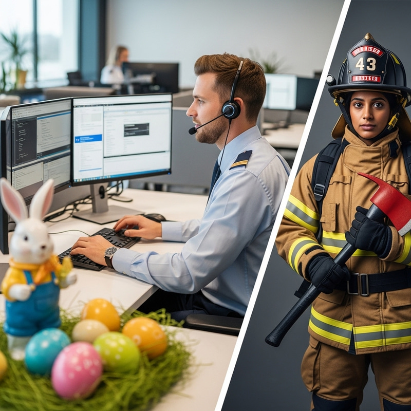 Call Center Operator and Firefighter Easter Celebration Call Center Operator and Firefighter Easter Celebration
