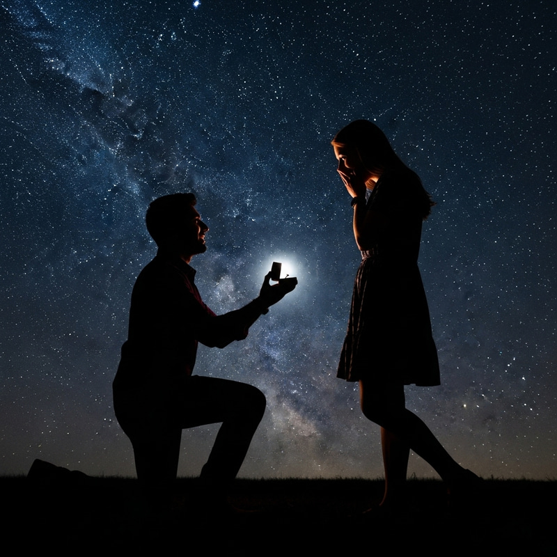 Romantic Moonlit Proposal with Shadowy Figure