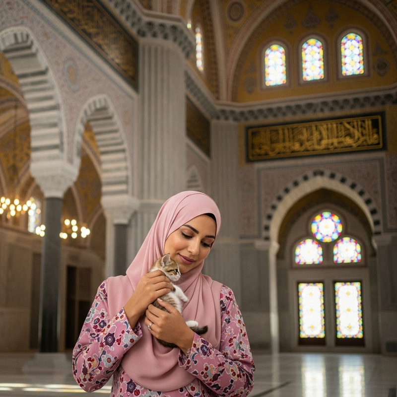 Woman in Baju Kurung with Pink Scarf Holding Kitten in Mosque Woman in Baju Kurung with Pink Scarf Holding Kitten in Mosque