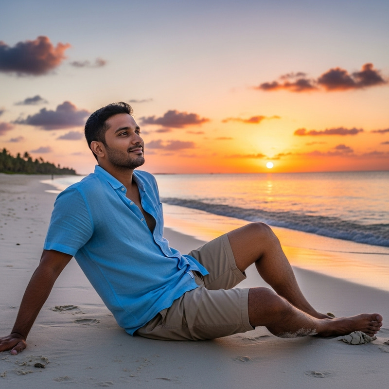 Man Sitting on Beach at Sunset
