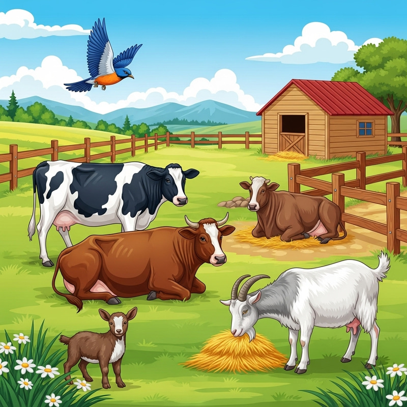 Serenity of Farm Life - Bird, Cow, and Goat Harmony