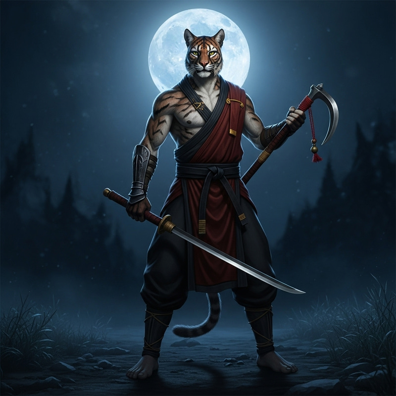Khajiit Monk Mastering Martial Arts with Kama Weapon Khajiit Monk Mastering Martial Arts with Kama Weapon