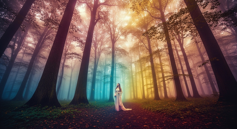 Mystical Forest Enchantment with Ethereal Colors and Enchanting Figure Mystical Forest Enchantment with Ethereal Colors and Enchanting Figure