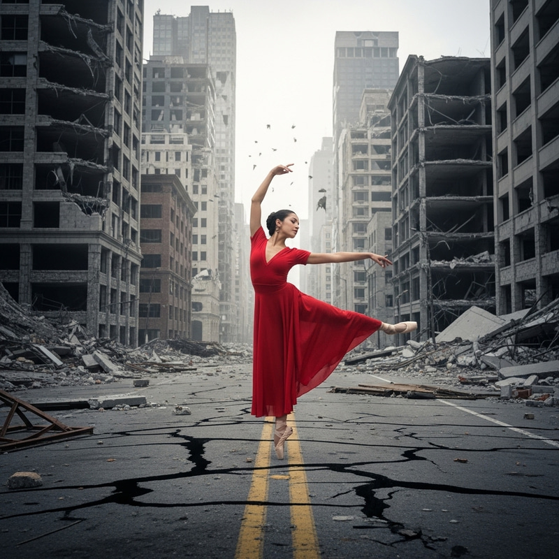 Elegant Ballerina in Red Dancing in City Ruins Elegant Ballerina in Red Dancing in City Ruins