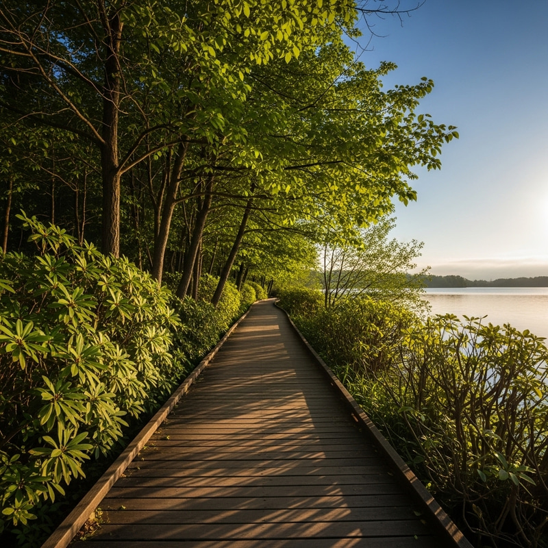 Wooden Path Surrounded by Nature | Sunny Lake Park View Wooden Path Surrounded by Nature | Sunny Lake Park View