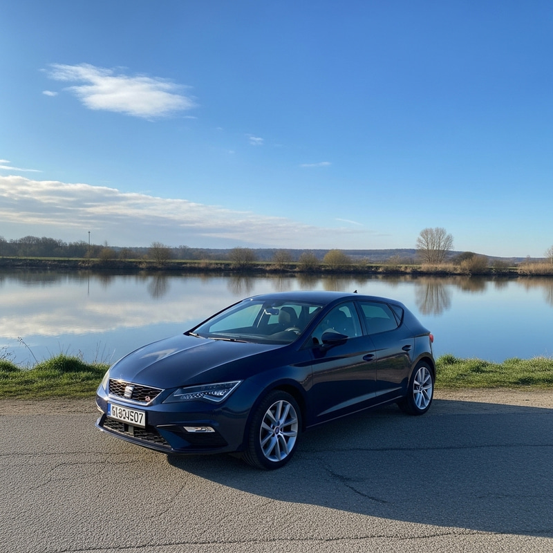 Dark Blue Seat Leon Parked by Tranquil Riverside - Captivating HD Image Dark Blue Seat Leon Parked by Tranquil Riverside - Captivating HD Image