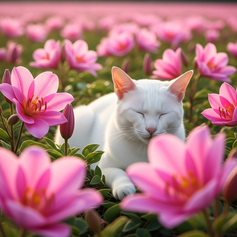White Cat Surrounded by Pink Flowers - Floral Tranquility White Cat Surrounded by Pink Flowers - Floral Tranquility