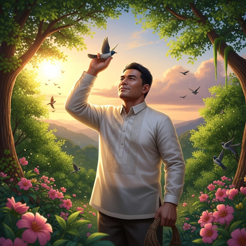 Filipino Man Embracing Nature in Kamisa De Chino