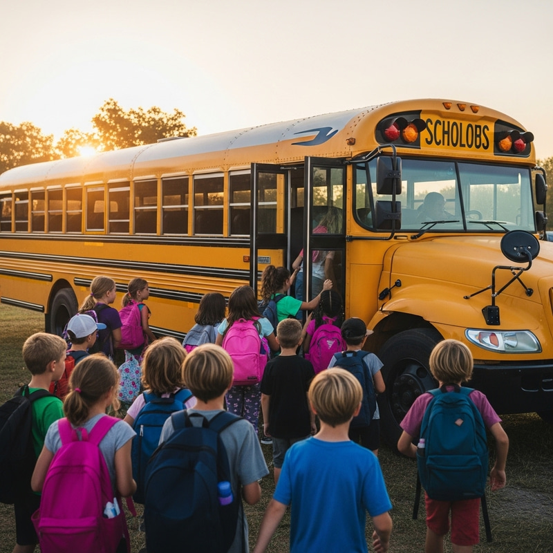 Bright Yellow School Bus at Sunrise: Kids Boarding in Dream-like Scene Bright Yellow School Bus at Sunrise: Kids Boarding in Dream-like Scene