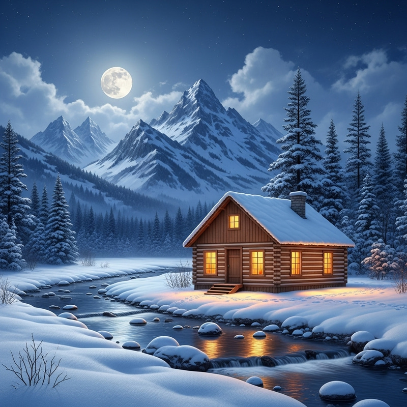 Cozy Log Cabin by Stream with Moonlit Mountain View Cozy Log Cabin by Stream with Moonlit Mountain View