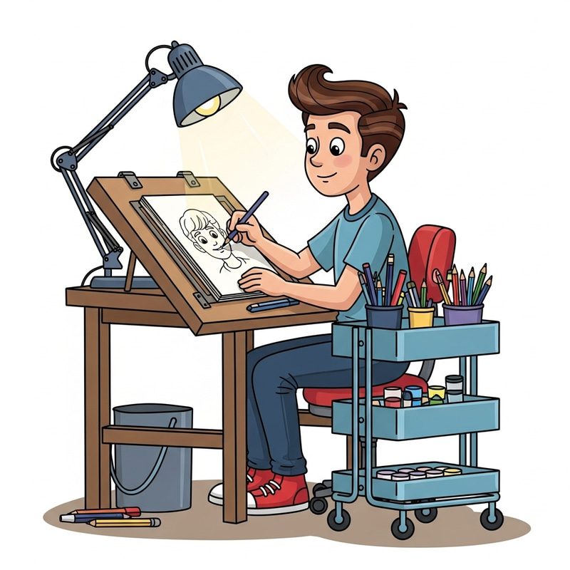 Child Illustrator Drawing at Desk with 1950s Style - Red Sneakers & Drawing Cart