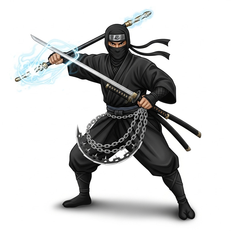 Japanese Ninja Master with Swords, Staff, and Chain Weapon Japanese Ninja Master with Swords, Staff, and Chain Weapon