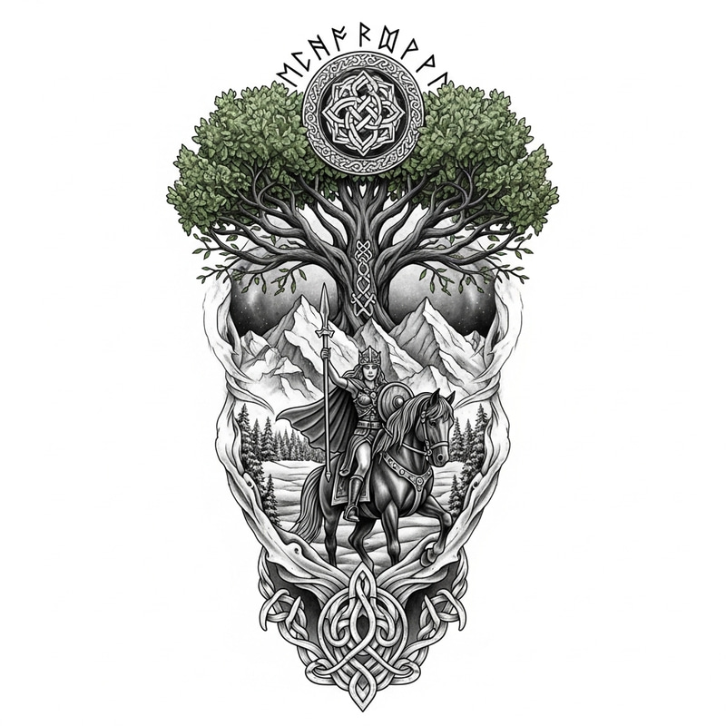 Norse Mythology Tattoo Design with Valkyrie and Yggdrasil Norse Mythology Tattoo Design with Valkyrie and Yggdrasil