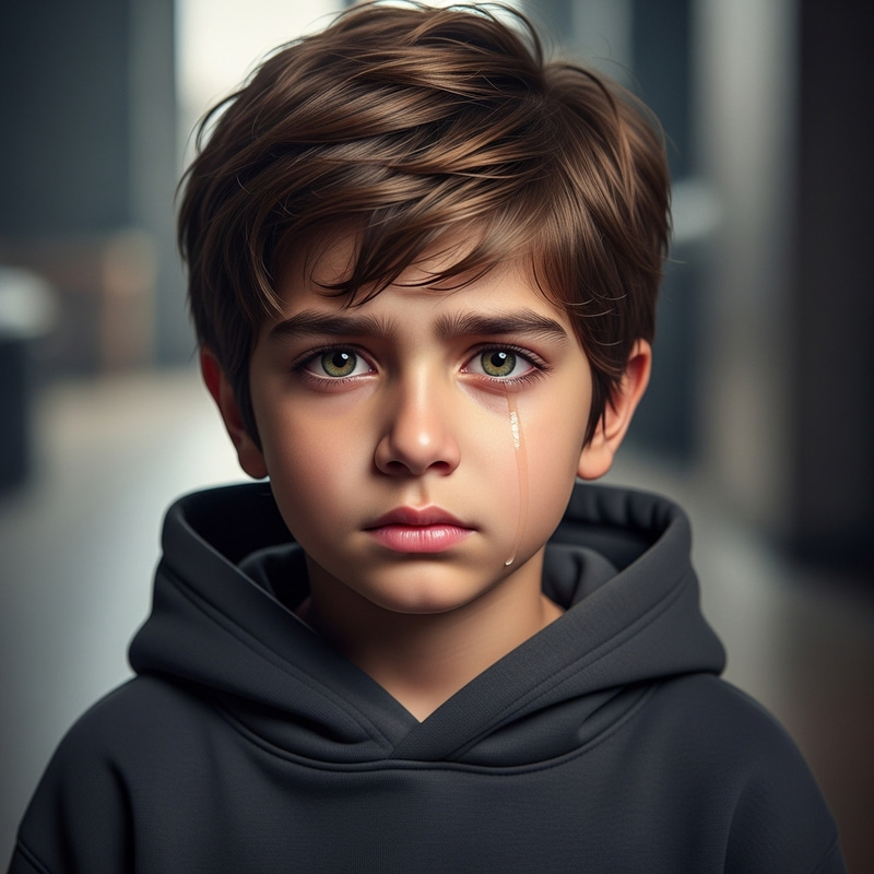 Cute Angry Boy with Fluffy Brown Hair in Dark Hoodie Cute Angry Boy with Fluffy Brown Hair in Dark Hoodie