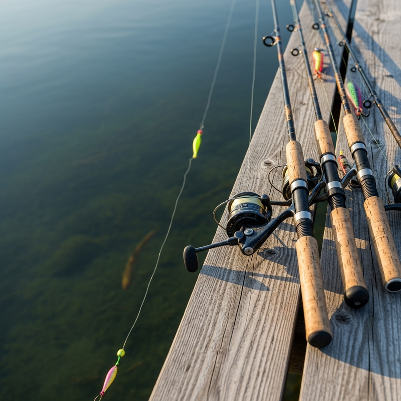 Idyllic Fishing Scene with Vintage Rods | Tranquil Fishing Adventure Idyllic Fishing Scene with Vintage Rods | Tranquil Fishing Adventure