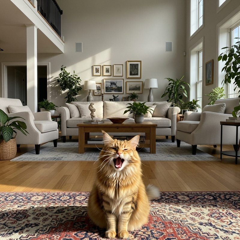Cat Sitting in Spacious Living Room Meowing