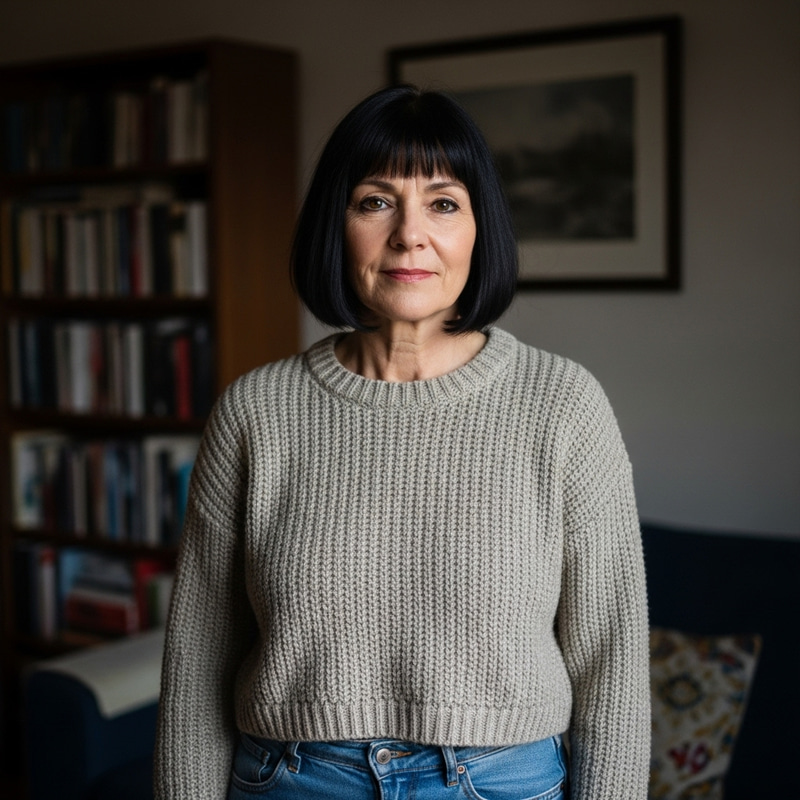 Middle-Aged Woman with Dark Chin-Length Bob Cut and Bangs Middle-Aged Woman with Dark Chin-Length Bob Cut and Bangs