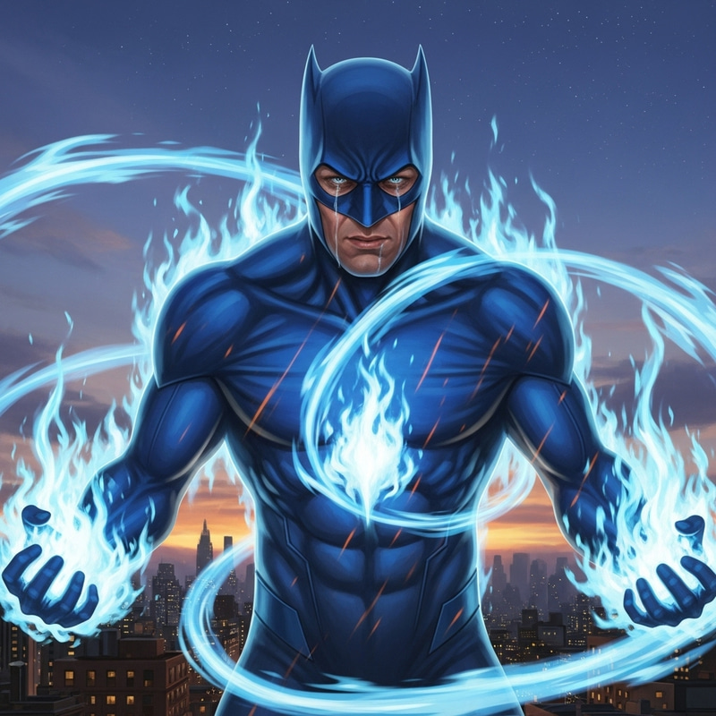 Blue Fire Superhero | Fiery Aura & Dramatic Cityscape Blue Fire Superhero | Fiery Aura & Dramatic Cityscape