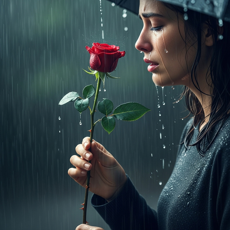 Emotional Scene in the Rain: Tears, Thorns, and a Red Rose Emotional Scene in the Rain: Tears, Thorns, and a Red Rose