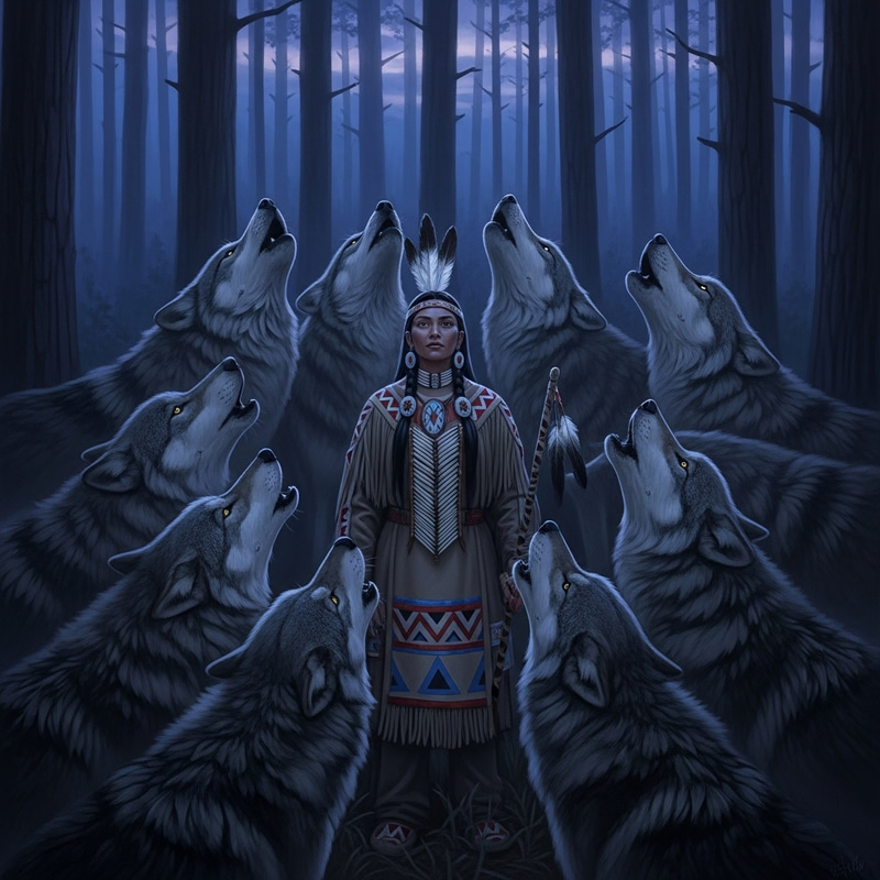 Native American Woman & Howling Wolves Native American Woman & Howling Wolves