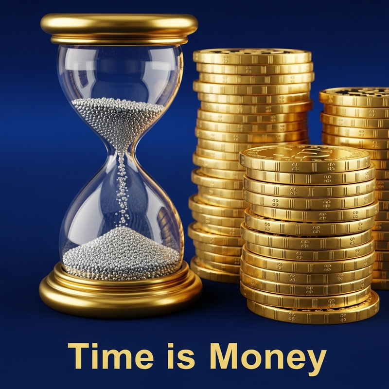 El Tiempo es Dinero - Symbolic Artwork of Sand Clock and Gold Coins