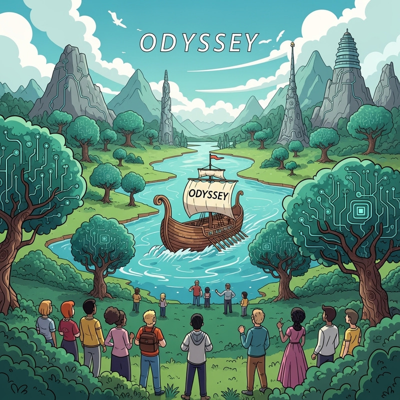 Enchanting Nature-Tech Fusion: Cartoon Landscape with Odyssey Ship Enchanting Nature-Tech Fusion: Cartoon Landscape with Odyssey Ship