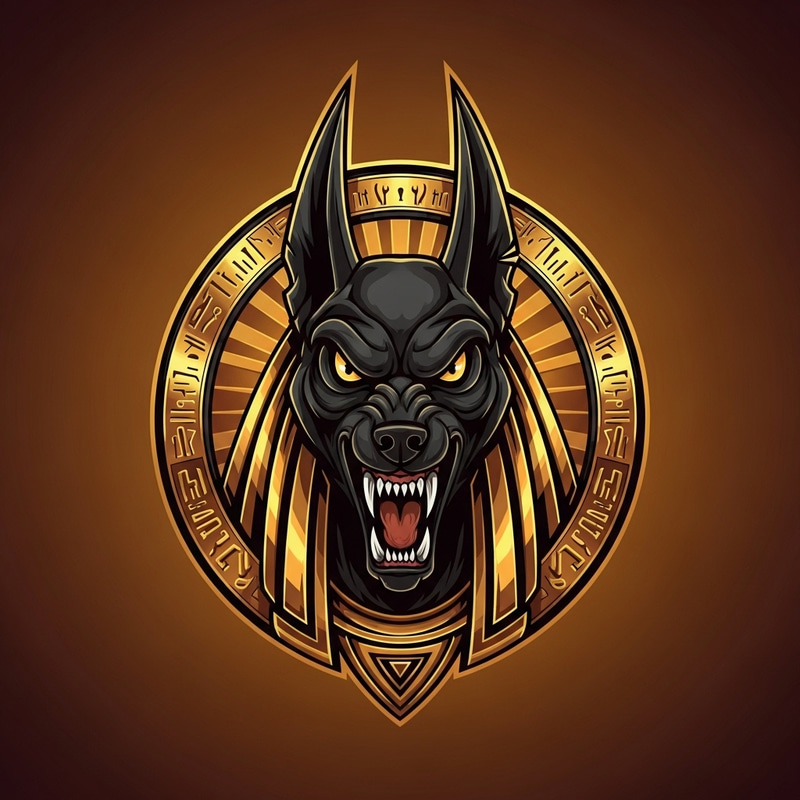 Golden Anubis Emblem: Mythological God in Aggressive Pose Golden Anubis Emblem: Mythological God in Aggressive Pose