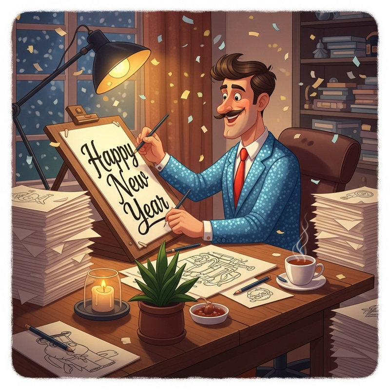 Festive Cartoonist Illustrating New Year Greetings
