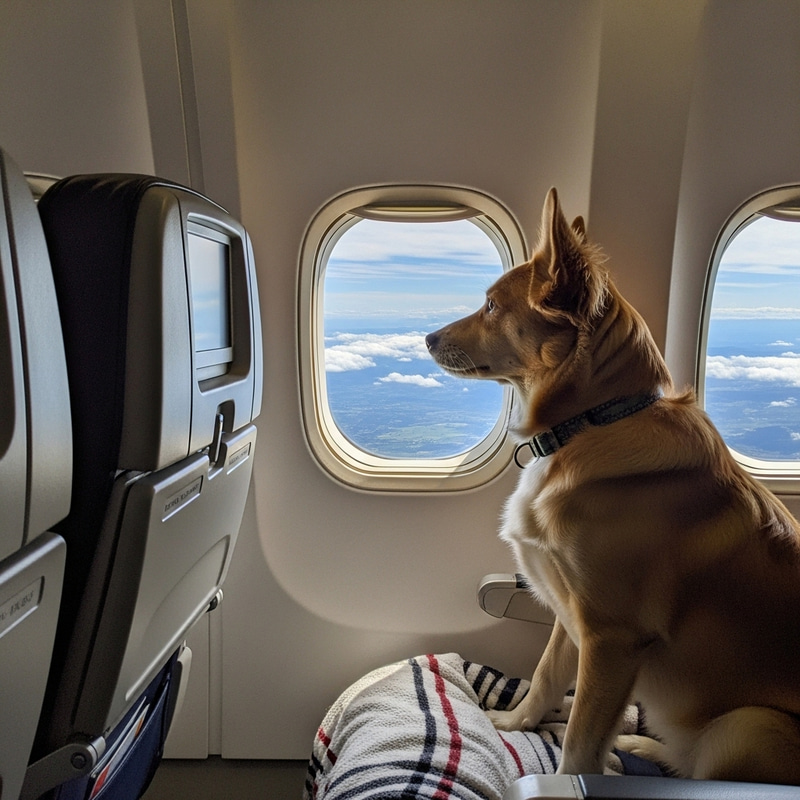 Joyful Dog in Airplane Watching Scenic Flight | Air Travel Excitement