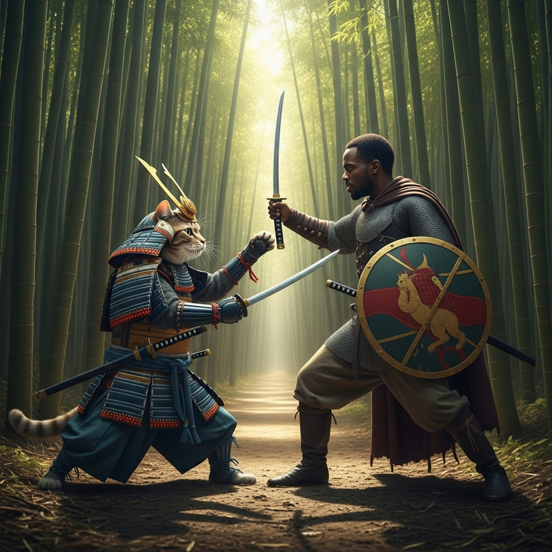 Epic Samurai Cat Battle with Human in Bamboo Forest