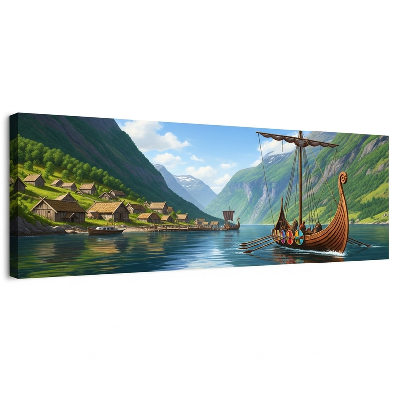 Majestic Viking Village and Longship in Enchanting Fjord Majestic Viking Village and Longship in Enchanting Fjord
