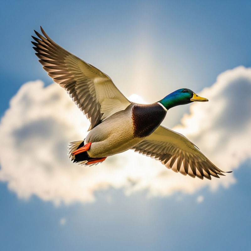 Majestic Flying Duck in Clear Blue Sky
