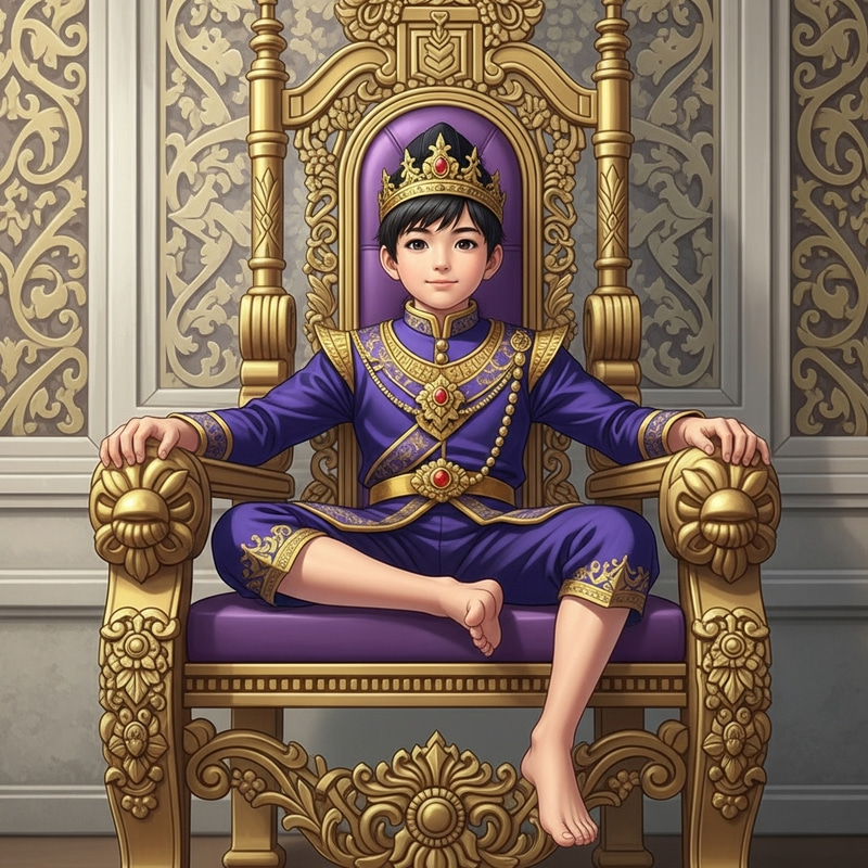 Asian Prince Seated on Ornate Throne in Majestic Purple Asian Prince Seated on Ornate Throne in Majestic Purple