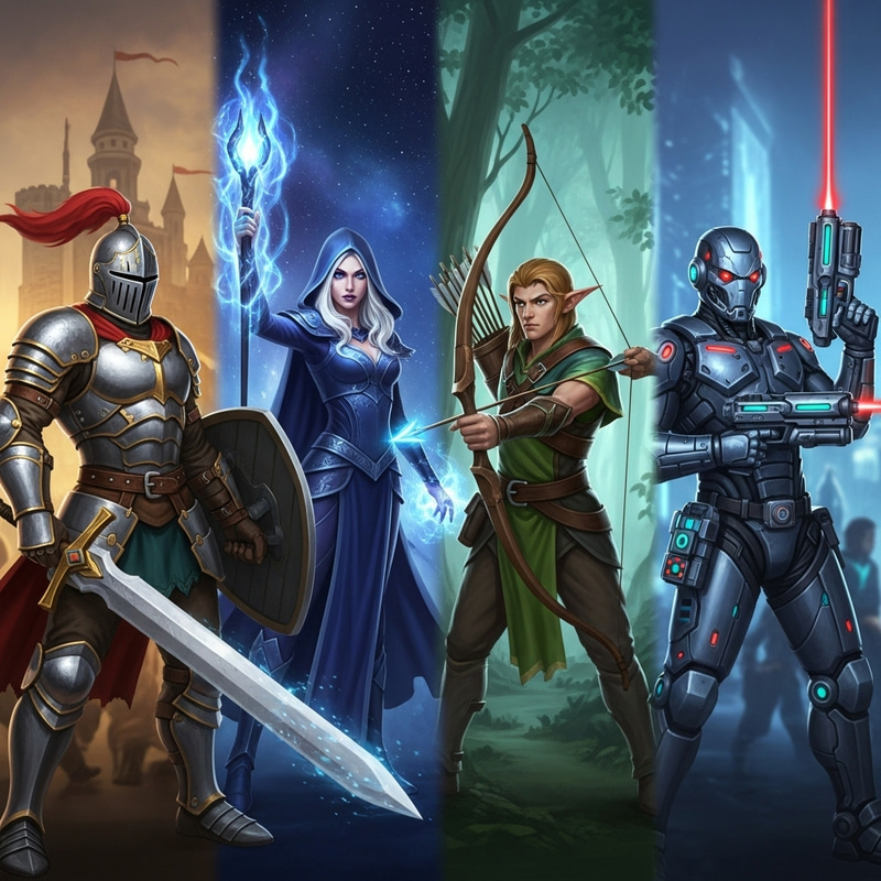 Epic Game Character Banner | Knights, Sorceress, Elf, and Cyborg Epic Game Character Banner | Knights, Sorceress, Elf, and Cyborg