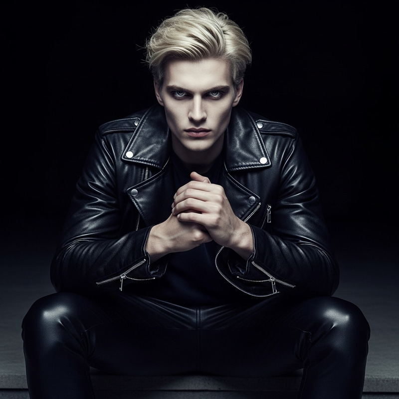 Young Blonde Vampire in Leather Jacket and Pants