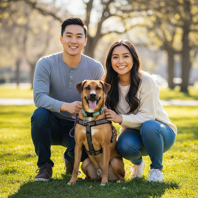 Happy Dog with Owners in Park | Warm and Affectionate Bond