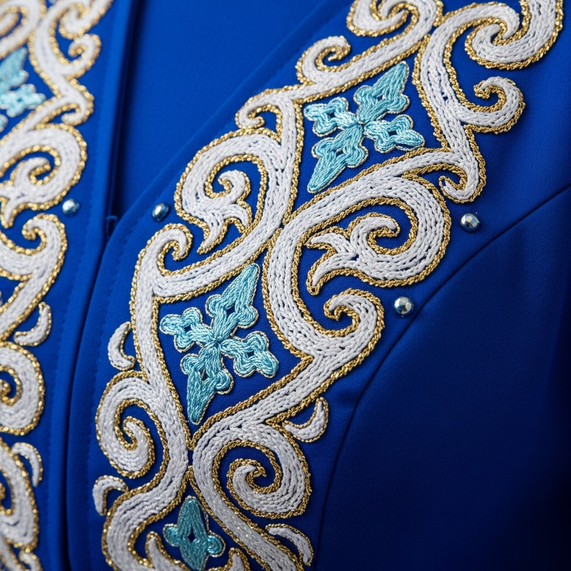 Intricate Kazakh Ornament Embroidery on Blue Dress Intricate Kazakh Ornament Embroidery on Blue Dress