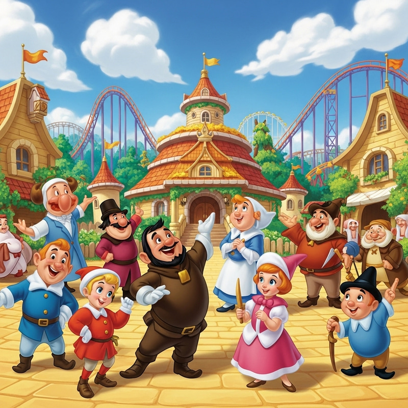Classic Disney Characters in Vibrant Theme Park Poster Classic Disney Characters in Vibrant Theme Park Poster