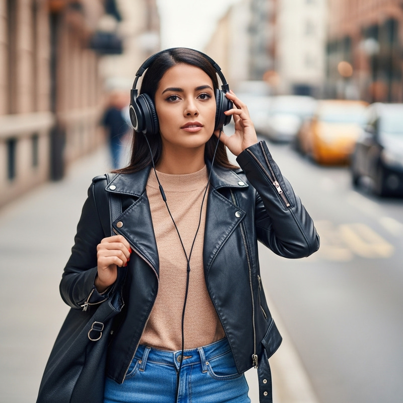 Real Style: Gorgeous Woman with Big Headphones on City Street Real Style: Gorgeous Woman with Big Headphones on City Street