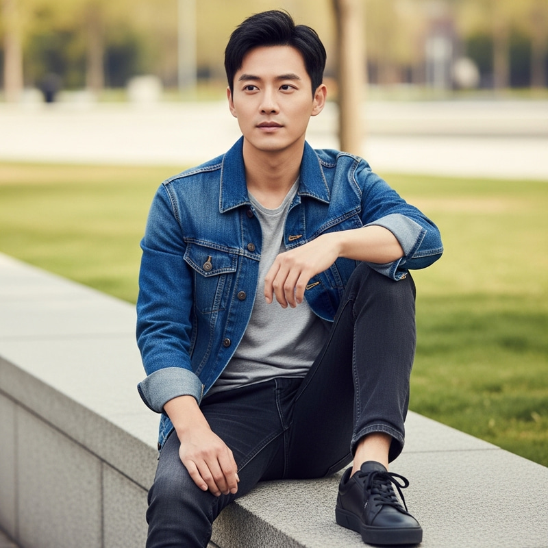 Confident Chinese Man in Urban Park | Captured in a Cheerful Moment