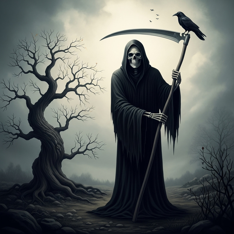 Death: Ominous Skeleton in Bleak Landscape with Crow Death: Ominous Skeleton in Bleak Landscape with Crow