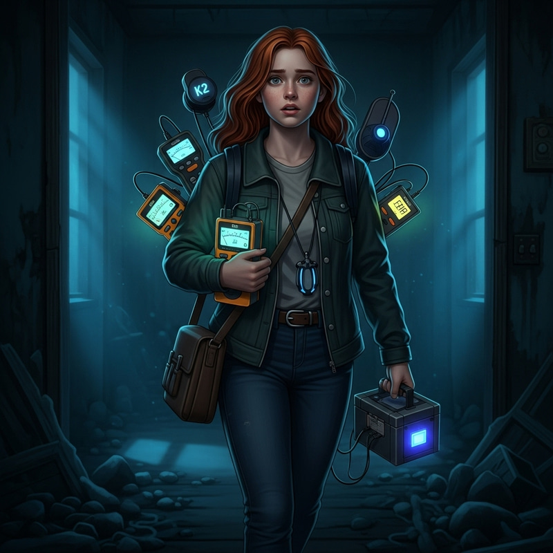 Red-Haired Ghost Hunter Girl in Abandoned Dwelling