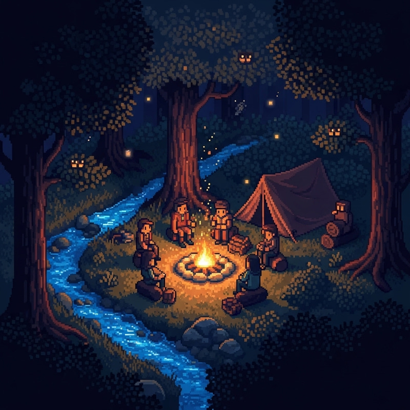 Camping in a Dark Forest - Pixel Art Adventure Camping in a Dark Forest - Pixel Art Adventure