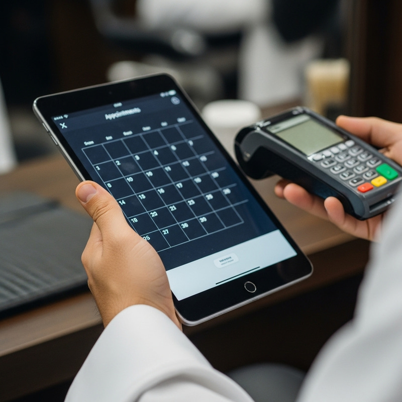 Barber's Hand Holding Tablet for Calendar Scheduling and Payment Processing