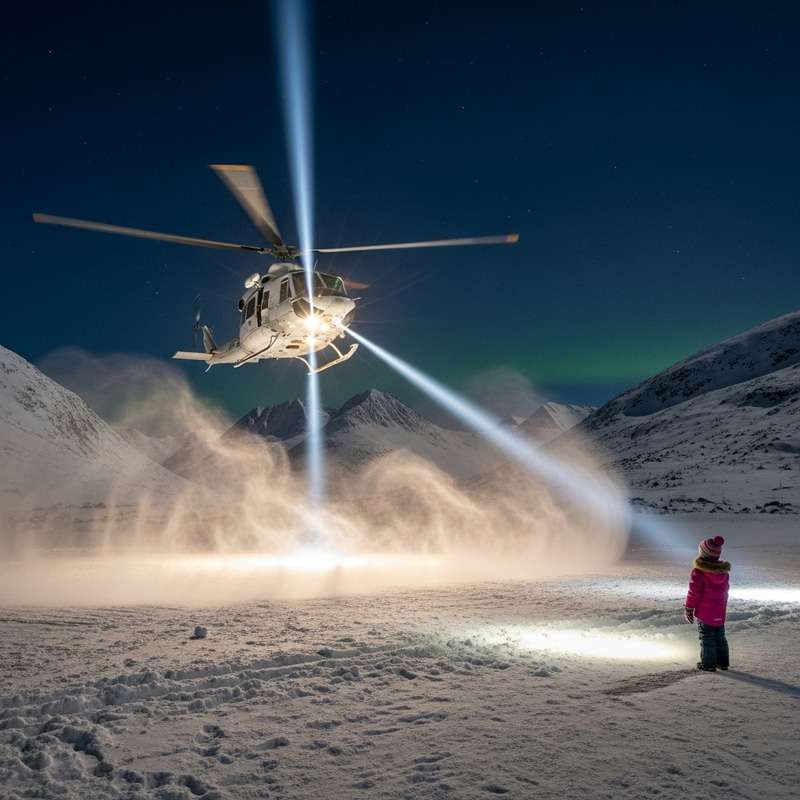 Ethereal Glow: Helicopter Descends in Night Sky Ethereal Glow: Helicopter Descends in Night Sky