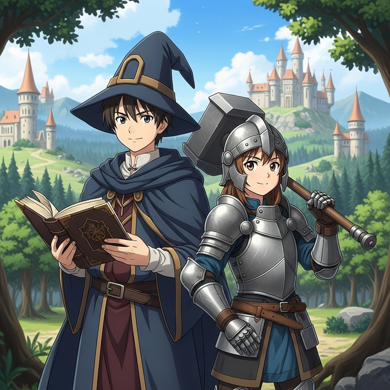 Medieval Anime Mage and Warrior | Teen Boy Magician, Girl Warrior with Big Hammer Medieval Anime Mage and Warrior | Teen Boy Magician, Girl Warrior with Big Hammer