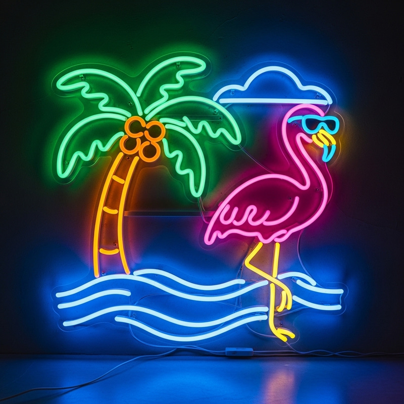 Tropical Neon Sign: Coconut Tree, Flamingo & Sea View