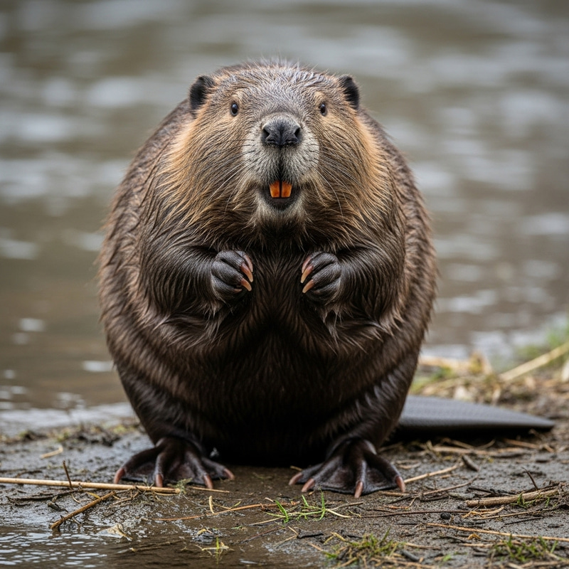 Intimidating Beaver with Buck Teeth - Riverbank Encounter