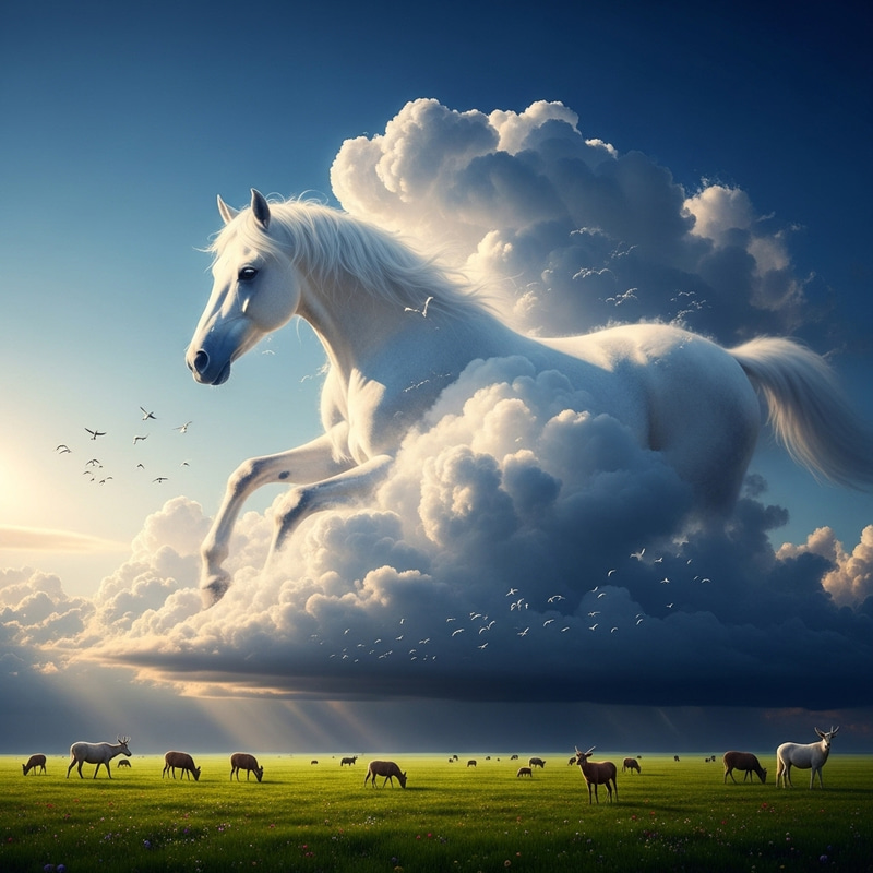 Hyper-Realistic White Stallion: Majestic Cloudscape with Animals in Ultra HD 8K Hyper-Realistic White Stallion: Majestic Cloudscape with Animals in Ultra HD 8K